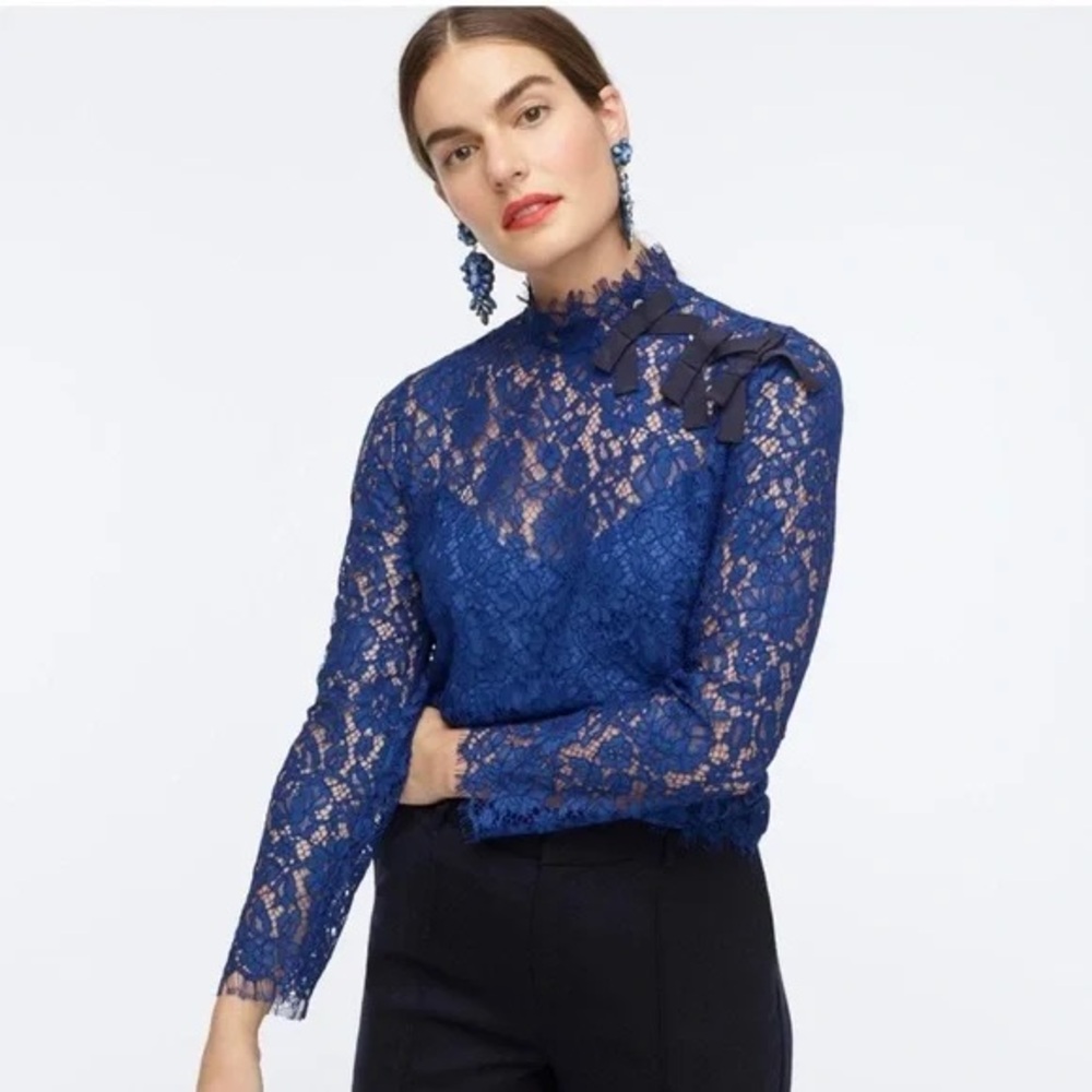J. Crew Mockneck Top in Floral Lace in Baroque Blue 00